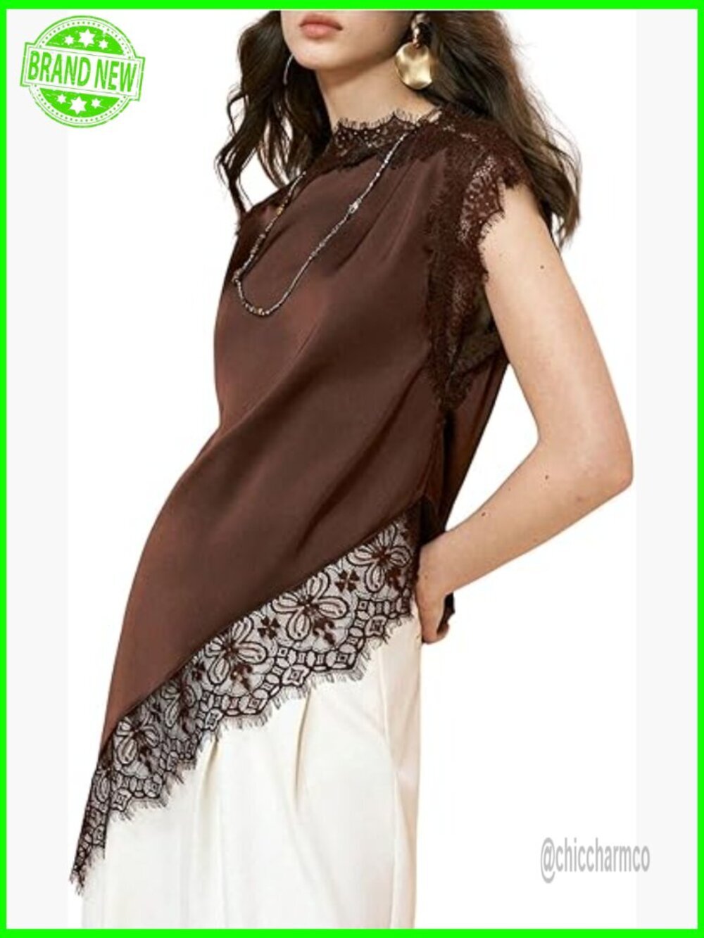 Satin Lace Asymmetrical Tank Top Sleeveless Boat Neck Night Out Festival Top